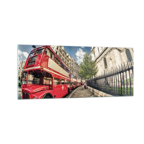 Tablou pe sticlă - Stradă din Londra în gri și roșu - 100x40 cm