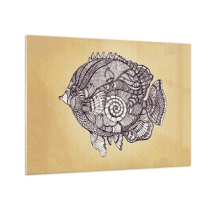 Tablou pe sticlă - Un pește de desene animate cu ornamente pe un fundal bej - 70x50cm - Dintr-un ocean de ornamente - Decorațiune modernă pentru perete pentru living și dormitor ARTTOR