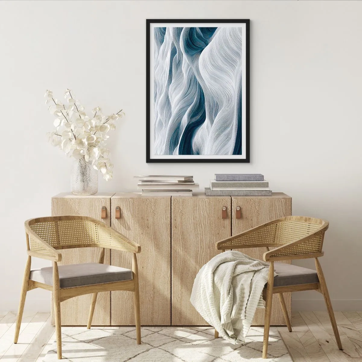Poster în ramă neagră - Valuri abstracte în nuanțe de alb și albastru marin - 50x70cm - Valuri albastre și albe - Decorațiune modernă pentru perete pentru living și dormitor ARTTOR