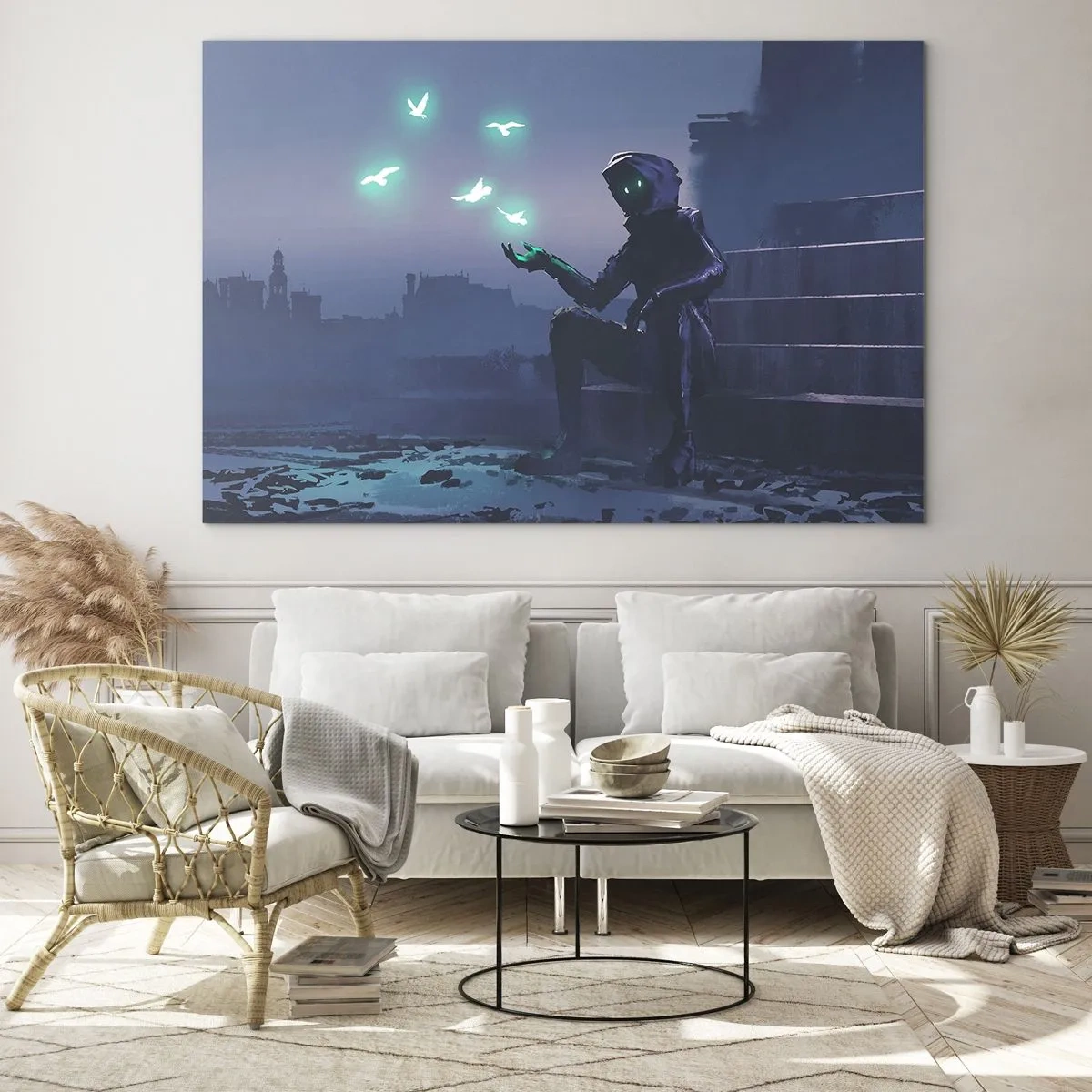 Tablou pe sticlă - O figură în întuneric înconjurată de păsări verzi plutitoare - 70x50cm - Viața se va întoarce - Decorațiune modernă pentru perete pentru living și dormitor ARTTOR