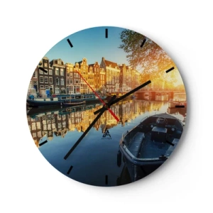 Ceas de perete - Ceas pe sticlă - Canalul orașului la apus - 30x30cm - Dimineața în Amsterdam - Decorațiune modernă pentru perete pentru living, bucătărie și dormitor ARTTOR