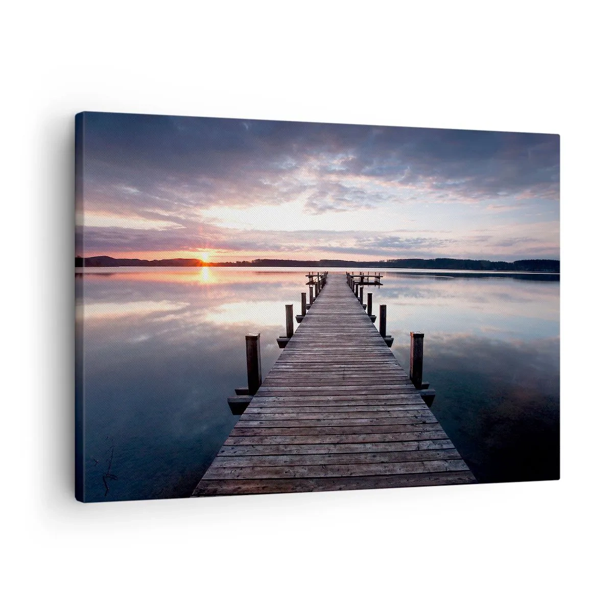 Tablou pe pânză Canvas - Un dig pe un lac la apus, într-un peisaj liniștit - 70x50cm - Granița tăcută dintre zi și noapte - Decorațiune modernă pentru perete pentru living și dormitor ARTTOR