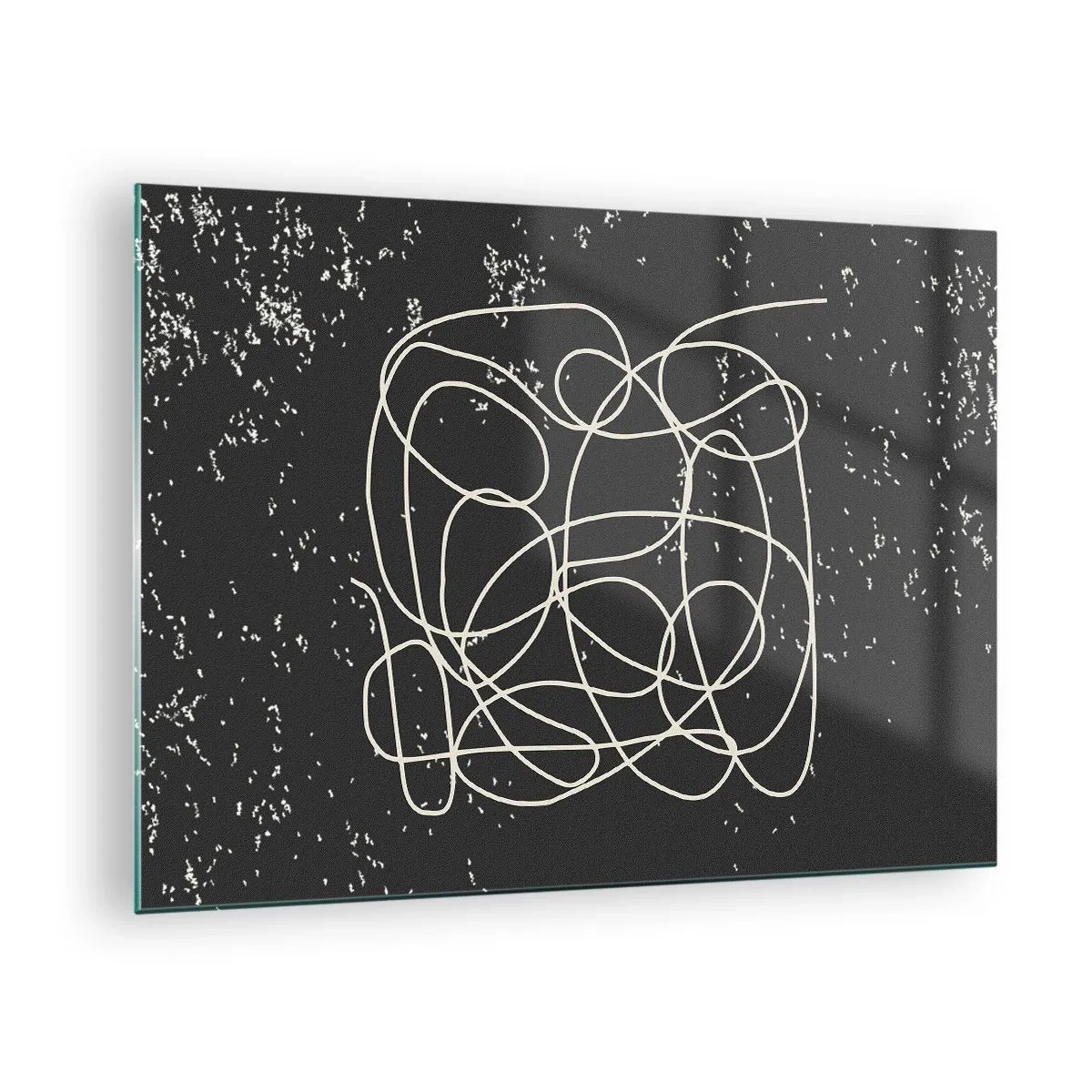 Tablou pe sticlă - Linie abstractă sub formă de încurcătură pe un fundal negru texturat - 70x50cm - Gânduri rătăcitoare - Decorațiune modernă pentru perete pentru living și dormitor ARTTOR