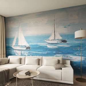 Tapet Standard Eco - Două bărci cu pânze pe o mare albastră calmă - 100x70cm - Cu un prieten alături de tine - Decorațiune modernă pentru perete pentru living și dormitor ARTTOR