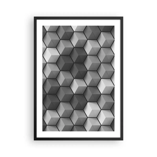 Poster în ramă neagră - Compoziție alb-negru de cuburi geometrice 3D - 50x70cm - Puzzle cubist - Decorațiune modernă pentru perete pentru living și dormitor ARTTOR