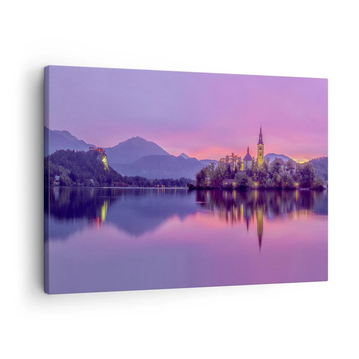 Tablou pe pânză Canvas - Lac cu o insulă și o biserică la apus - 70x50cm - Insulă de basm la apus  - Decorațiune modernă pentru perete pentru living și dormitor ARTTOR