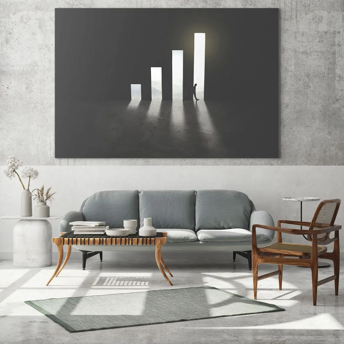 Tablou pe sticlă - Omul în lumina creșterii care simbolizează dezvoltarea - 70x50cm - Succesul - o impresie - Decorațiune modernă pentru perete pentru living și dormitor ARTTOR