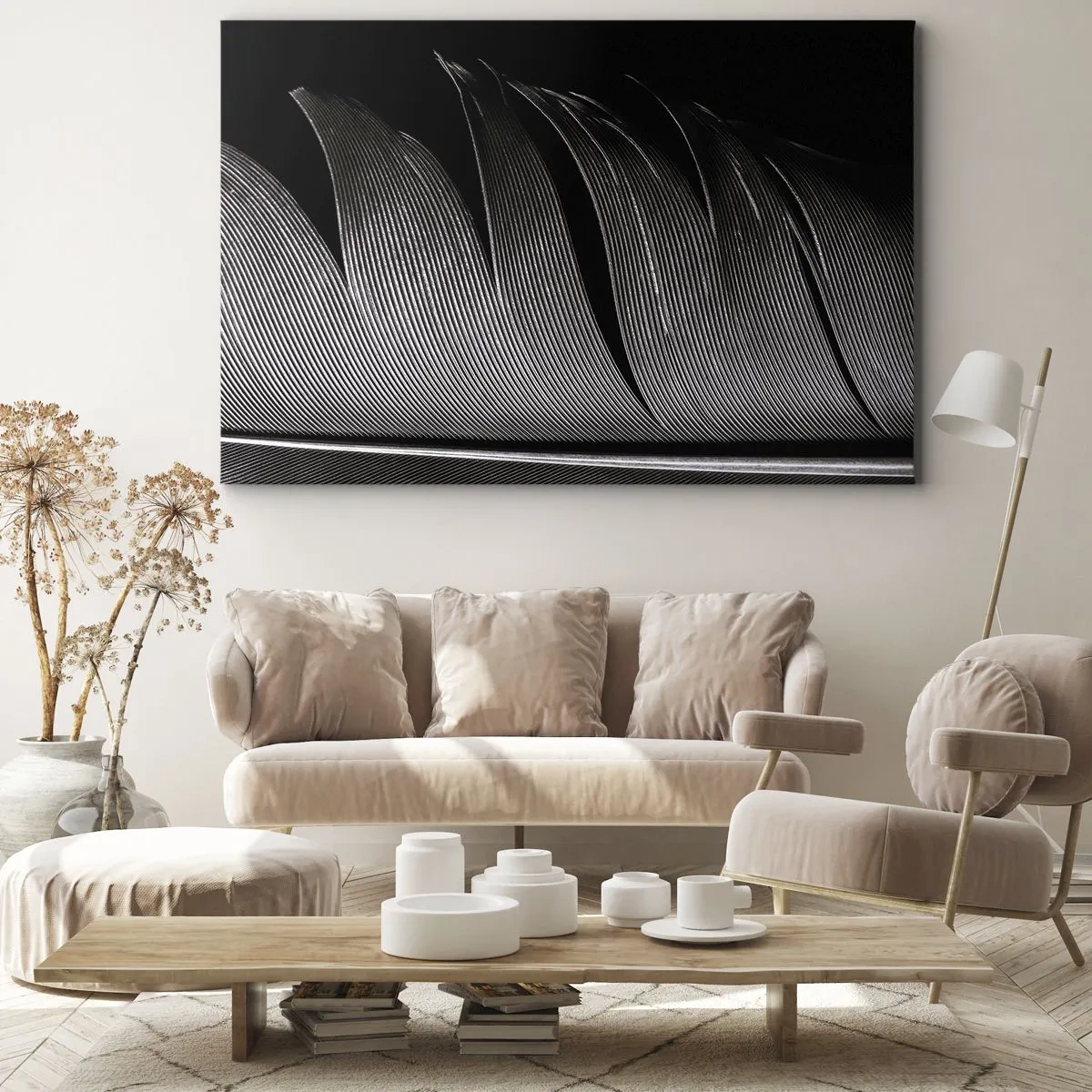 Tablou pe pânză Canvas - Textură de pene alb-negru într-un stil minimalist - 70x50cm - Pana - o construcție minunată - Decorațiune modernă pentru perete pentru living și dormitor ARTTOR