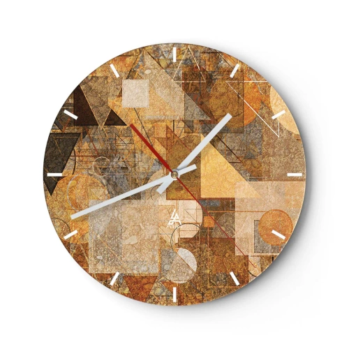 Ceas de perete - Ceas pe sticlă - Abstracție geometrică în nuanțe de auriu și maro - 30x30cm - Studiu cubist de bronz - Decorațiune modernă pentru perete pentru living, bucătărie și dormitor ARTTOR
