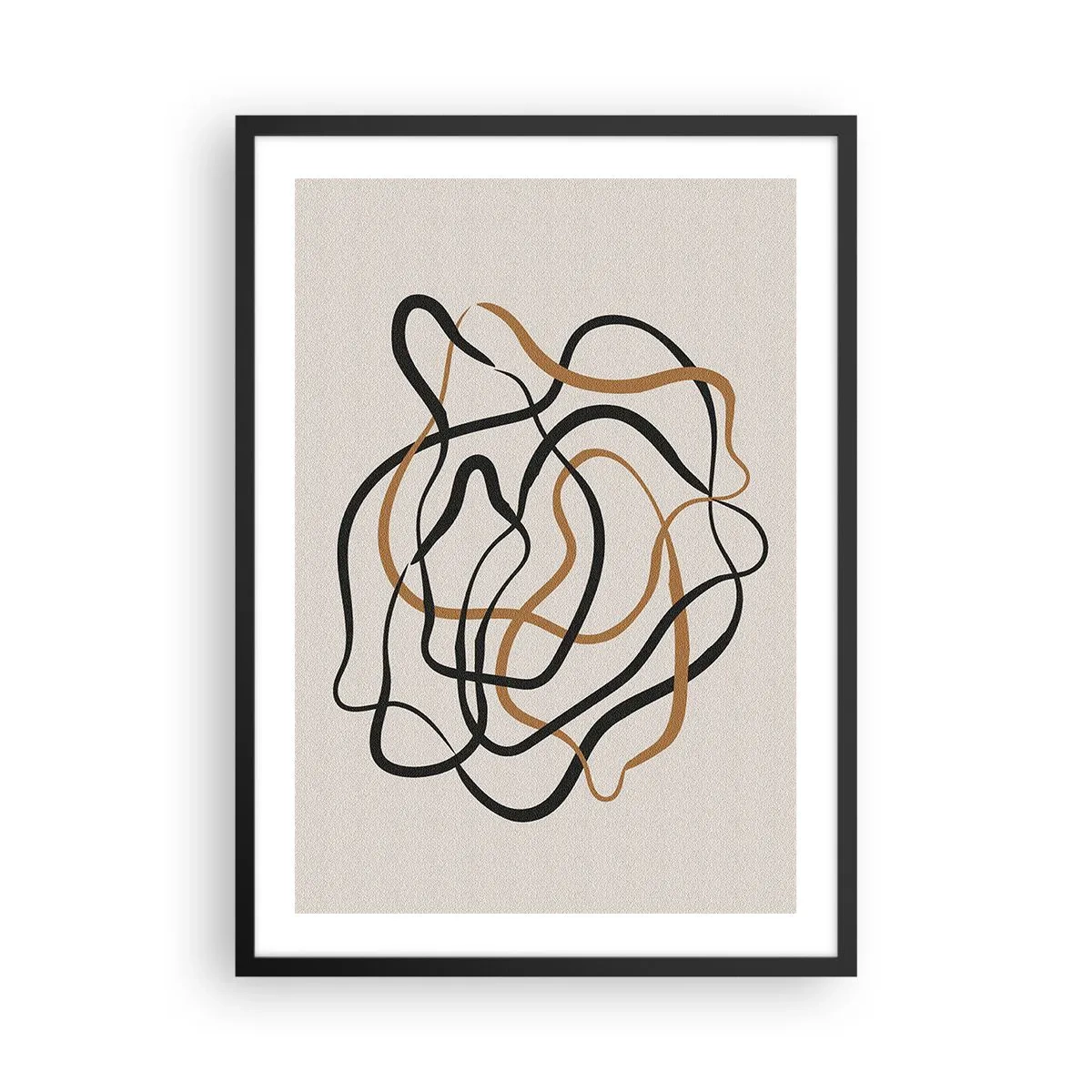 Poster în ramă neagră - Linii abstracte încâlcite în negru și auriu pe bej - 50x70cm - Totul s-a încurcat - Decorațiune modernă pentru perete pentru living și dormitor ARTTOR