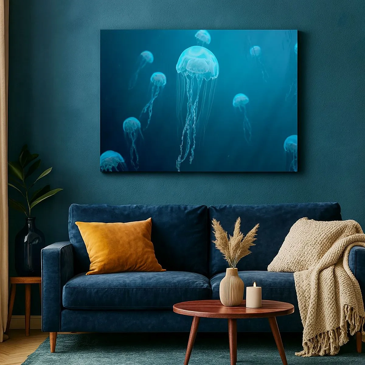 Tablou pe pânză Canvas - Meduze plutitoare în adâncurile oceanului în tonuri albastre - 70x50cm - Dansul oceanic - Decorațiune modernă pentru perete pentru living și dormitor ARTTOR