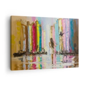Tablou pe pânză Canvas - Un oraș colorat și o femeie într-o rochie albă cu o pasăre - 70x50cm - Urmați-mă - Decorațiune modernă pentru perete pentru living și dormitor ARTTOR