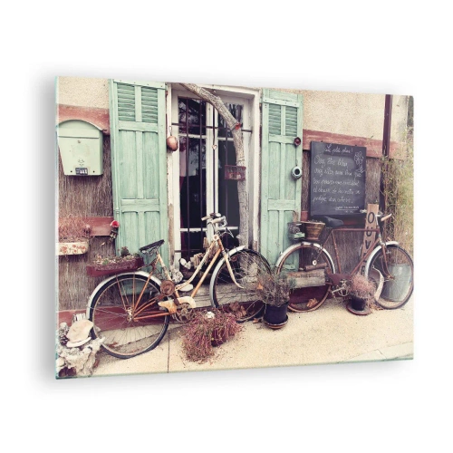 Tablou pe sticlă - Peisaj provincial cu biciclete - 70x50cm - Trăiască provincia! - Decorațiune modernă pentru perete pentru living și dormitor ARTTOR