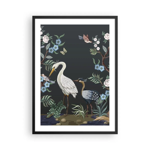 Poster în ramă neagră - Ilustrație cu păsări printre flori pe un fundal întunecat - 50x70cm - Parada păsărilor - Decorațiune modernă pentru perete pentru living și dormitor ARTTOR