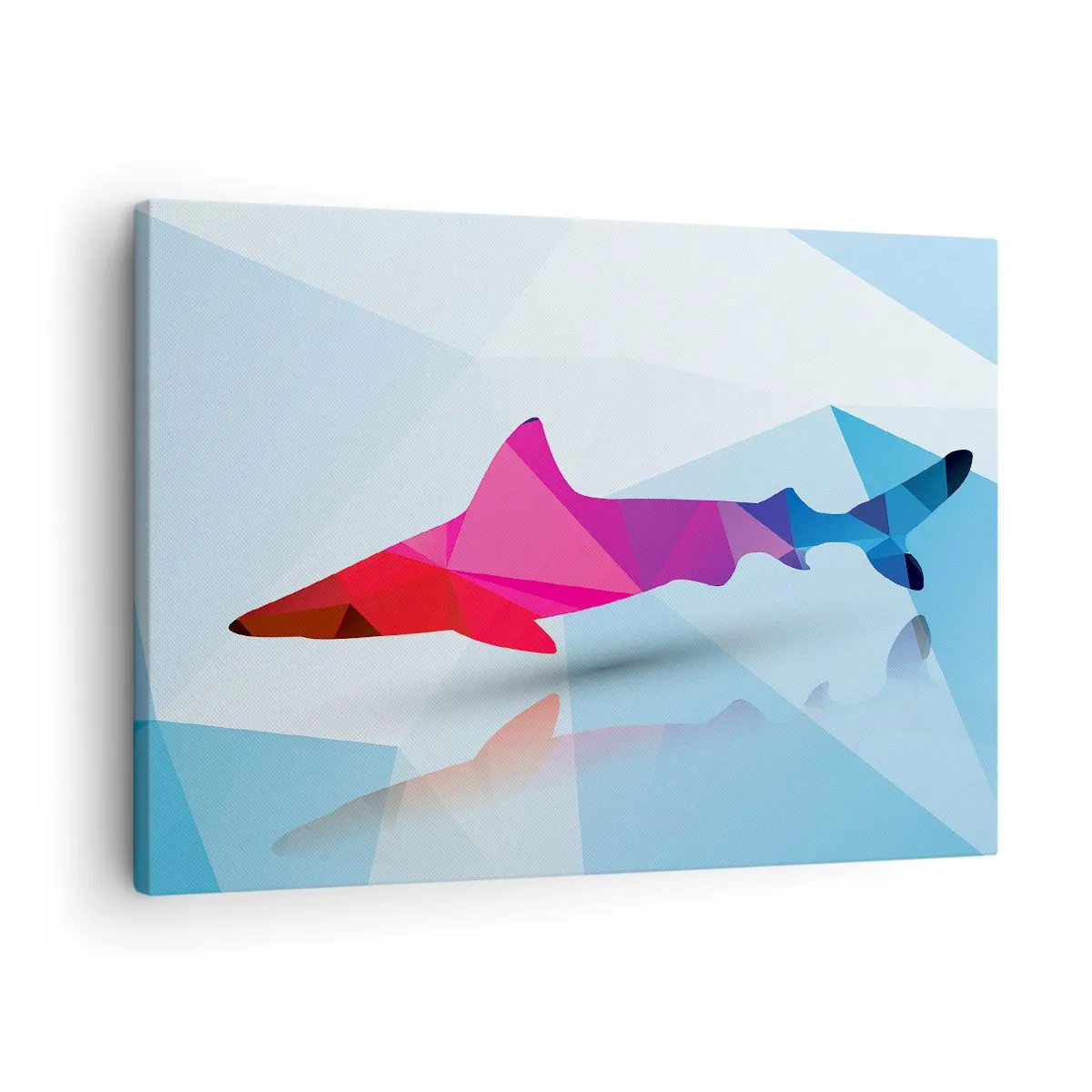 Tablou pe pânză Canvas - Siluetă geometrică de rechin în nuanțe de roz și albastru - 70x50cm - Un rechin într-un spațiu cristalin - Decorațiune modernă pentru perete pentru living și dormitor ARTTOR