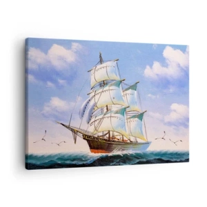 Tablou pe pânză Canvas - O navă cu pânze pe marea deschisă sub un cer albastru - 70x50cm - Cu mândrie în vânt - Decorațiune modernă pentru perete pentru living și dormitor ARTTOR