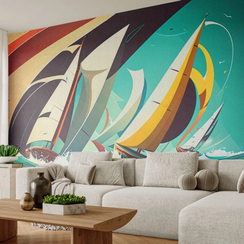 Tapet Standard Eco - Ilustrație colorată a unei regate cu vele și valuri dinamice. - 100x70cm - Voinici și învingători - Decorațiune modernă pentru perete pentru living și dormitor ARTTOR