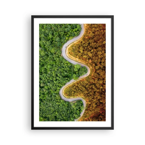 Poster în ramă neagră - Un drum șerpuitor printr-o pădure împărțită în părți verzi și toamnă - 50x70cm - Frontiere și defilee - Decorațiune modernă pentru perete pentru living și dormitor ARTTOR