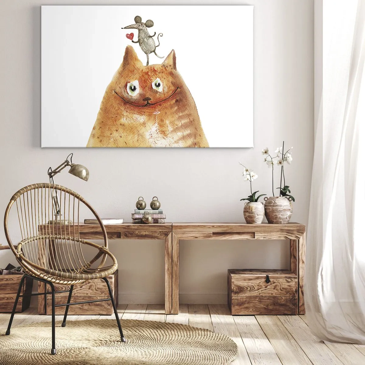Tablou pe pânză Canvas - Un desen al unei pisici cu un șoarece pe cap care ține o inimă - 70x50cm - Paradoxurile iubirii - Decorațiune modernă pentru perete pentru living și dormitor ARTTOR