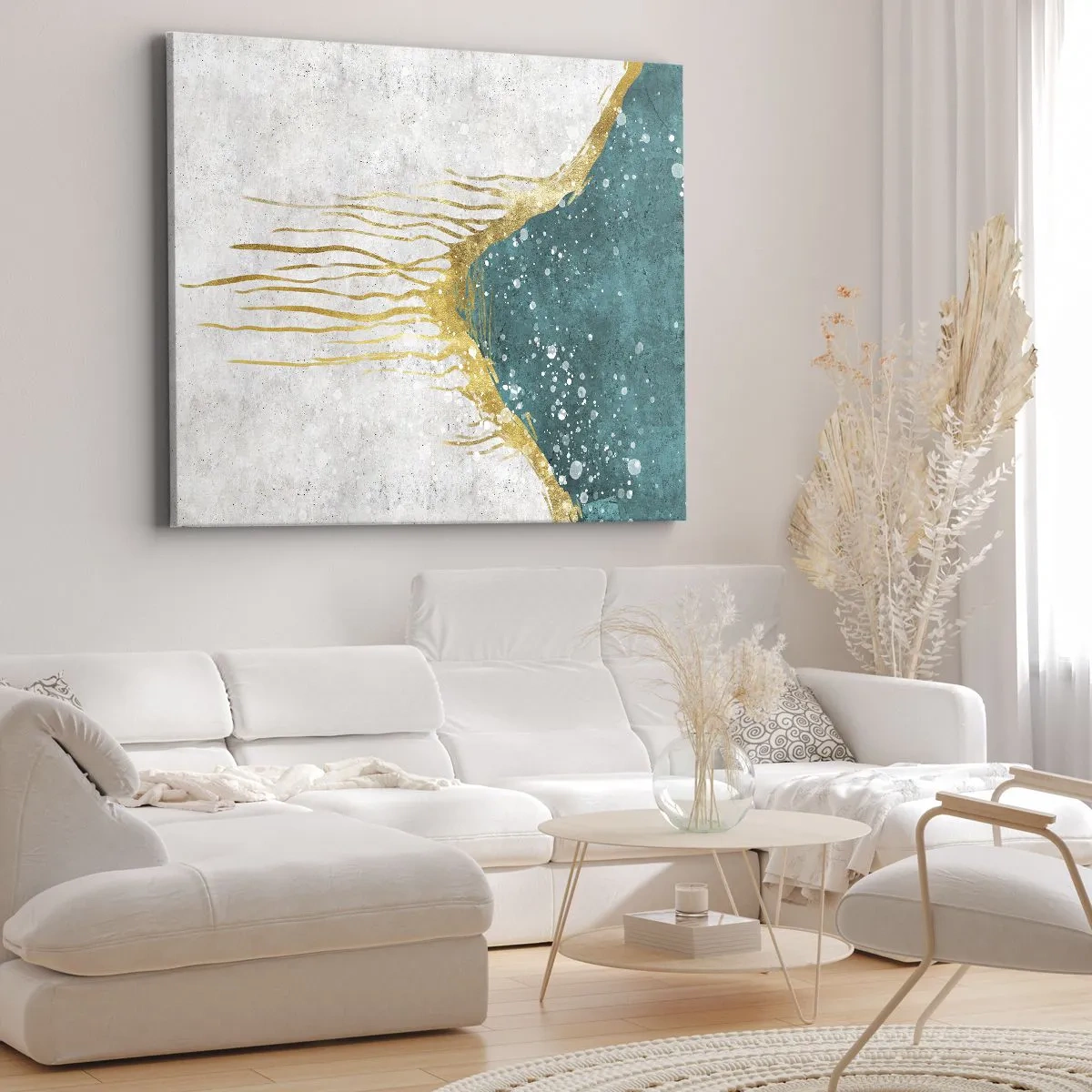 Tablou pe pânză Canvas - compoziție abstractă în nuanțe de auriu și turcoaz - 70x50cm - Mareea de aur - Decorațiune modernă pentru perete pentru living și dormitor ARTTOR