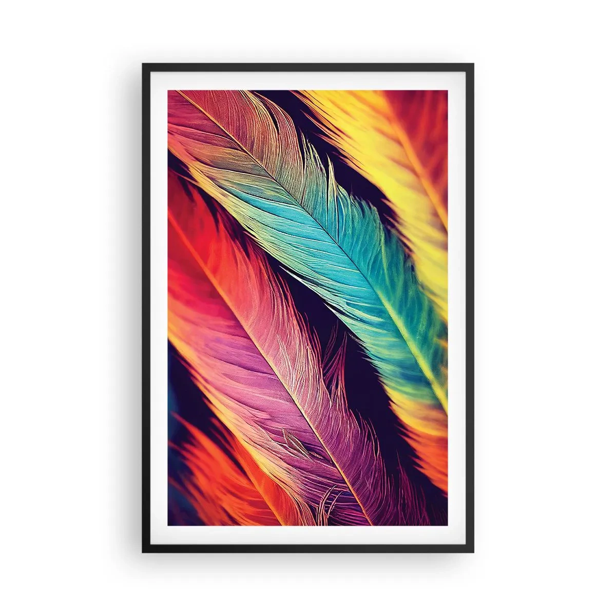 Poster în ramă neagră - Curcubeu cu pene - 61x91 cm