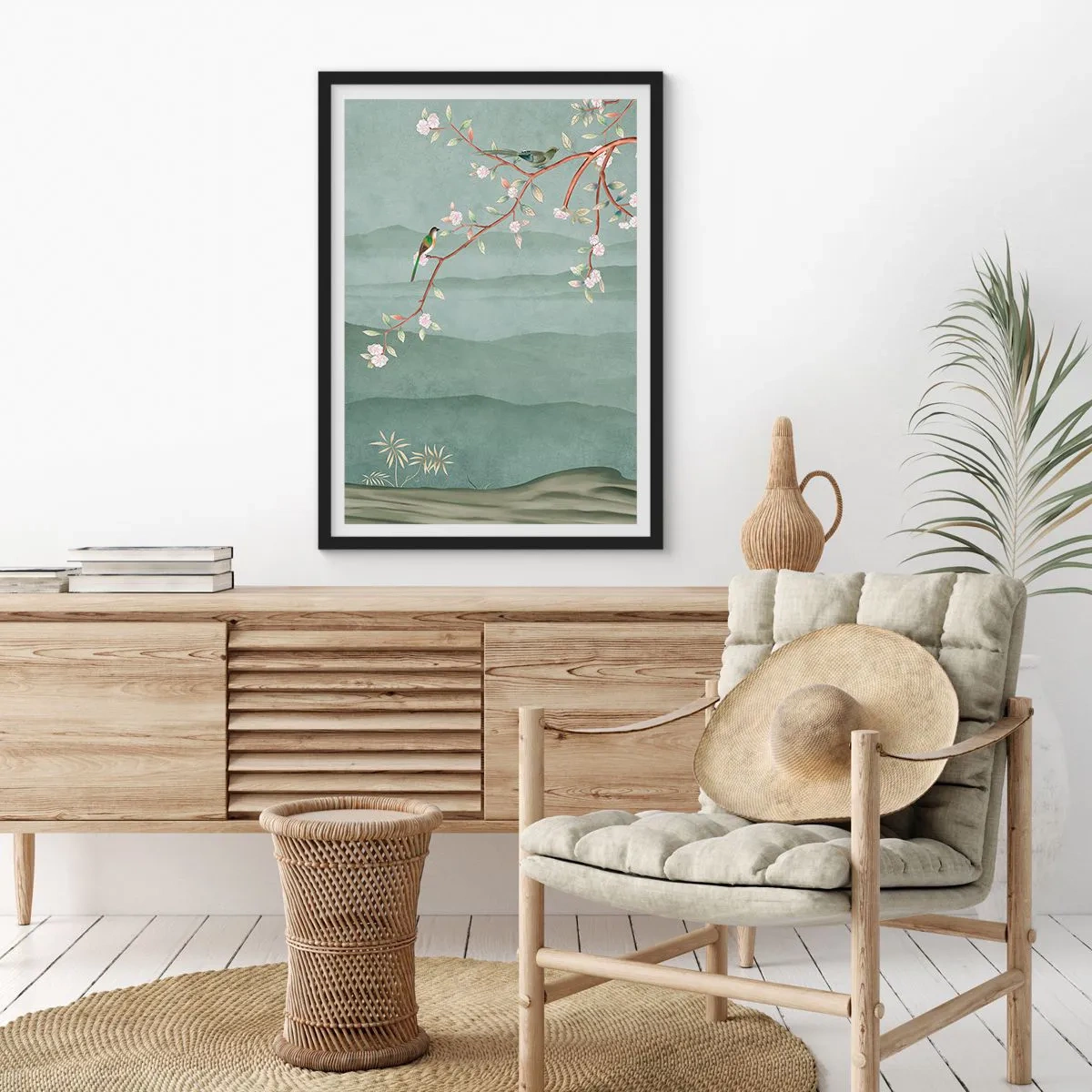 Poster în ramă neagră - Păsări pe o ramură înflorită cu vedere la dealuri - 50x70cm - Primăvara, ah, tu ești - Decorațiune modernă pentru perete pentru living și dormitor ARTTOR