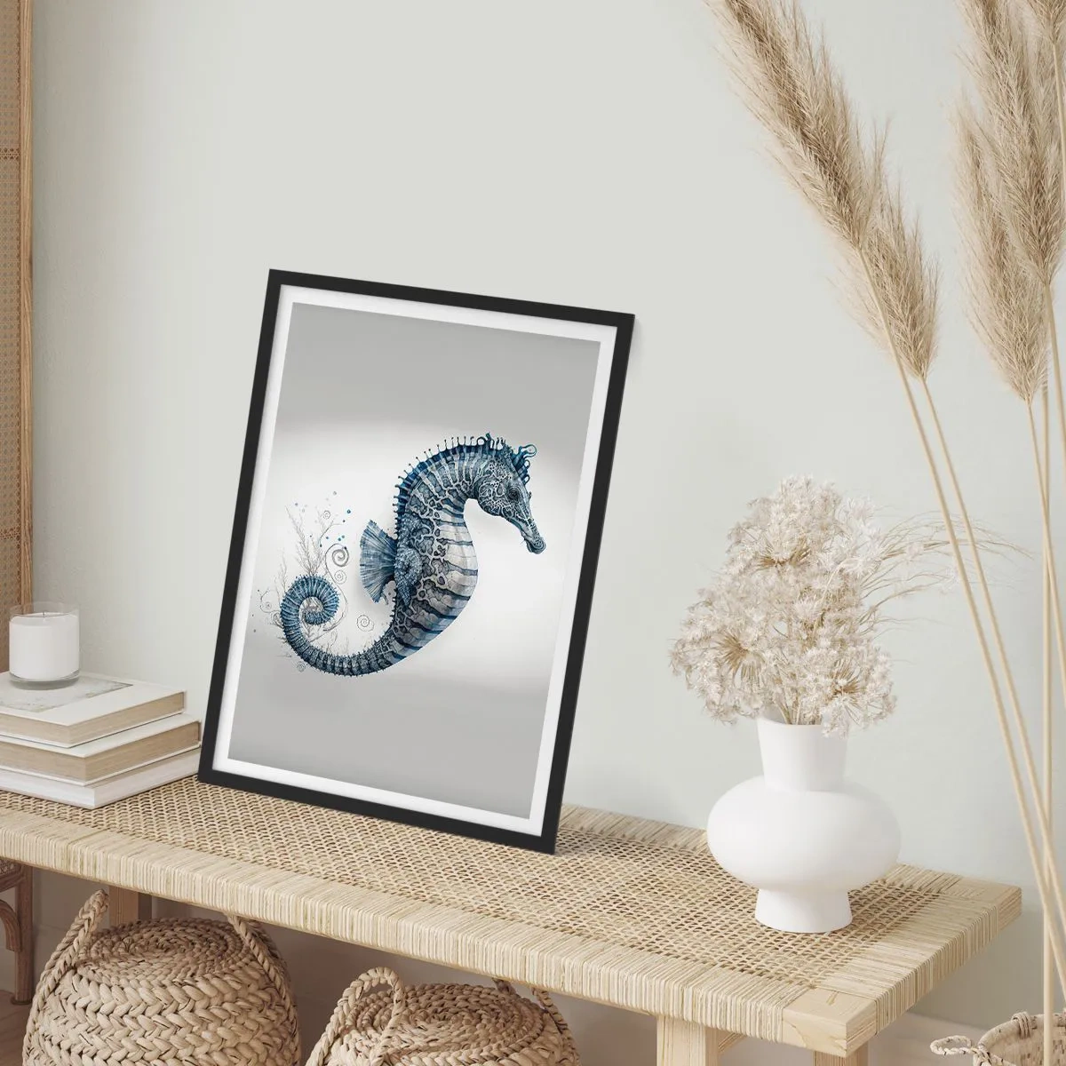 Poster în ramă neagră - Ilustrație detaliată a unui căluț de mare pe un fundal deschis - 50x70cm - O glumă inocentă a naturii - Decorațiune modernă pentru perete pentru living și dormitor ARTTOR