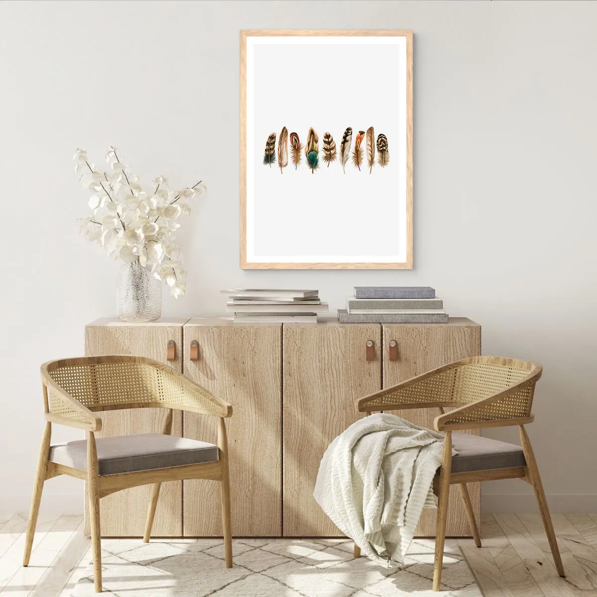 Poster în ramă de stejar deschis - Variație cu pene - 50x70 cm