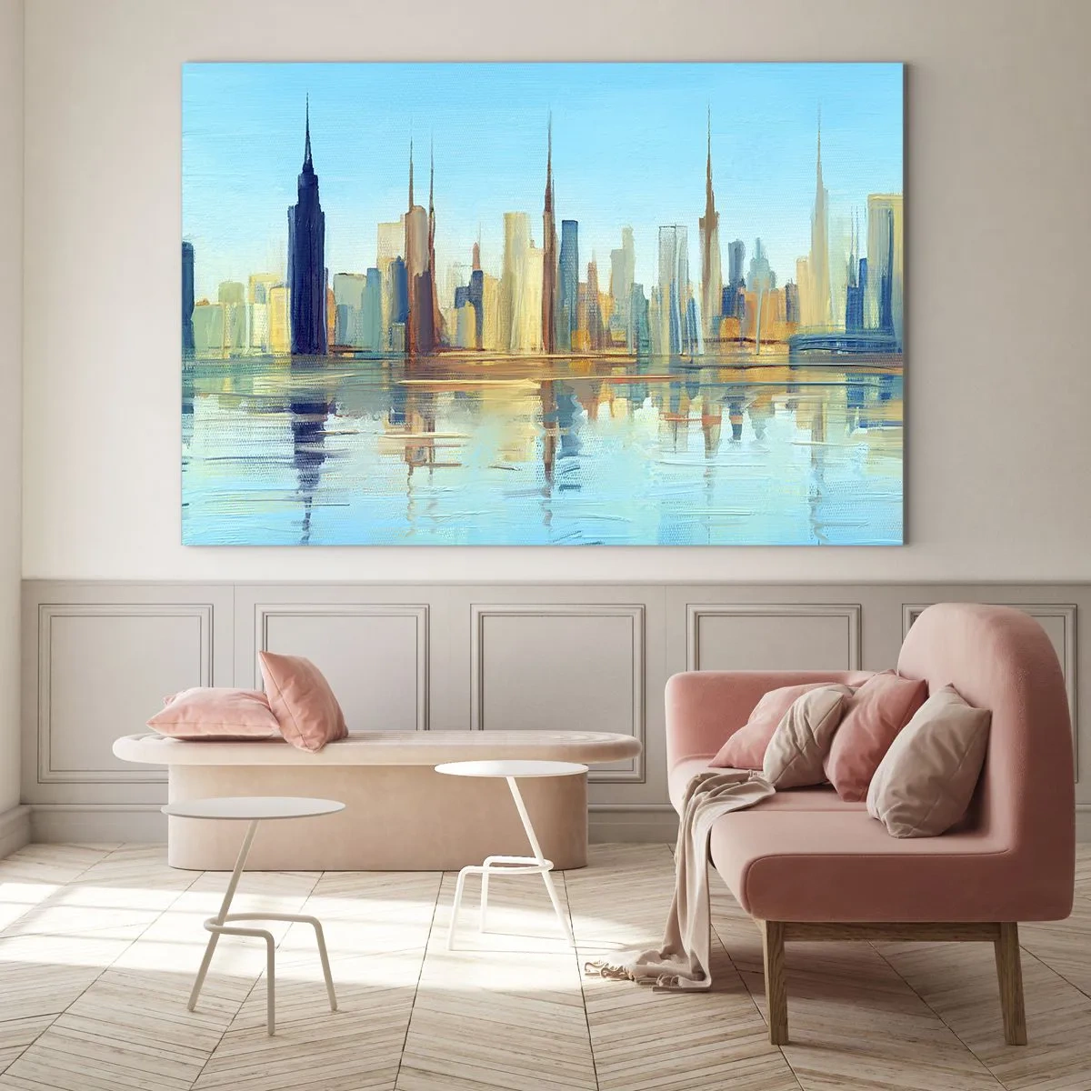 Tablou pe sticlă - O panoramă a metropolei reflectată în apă sub un cer albastru - 70x50cm - Metropola însorită - Decorațiune modernă pentru perete pentru living și dormitor ARTTOR
