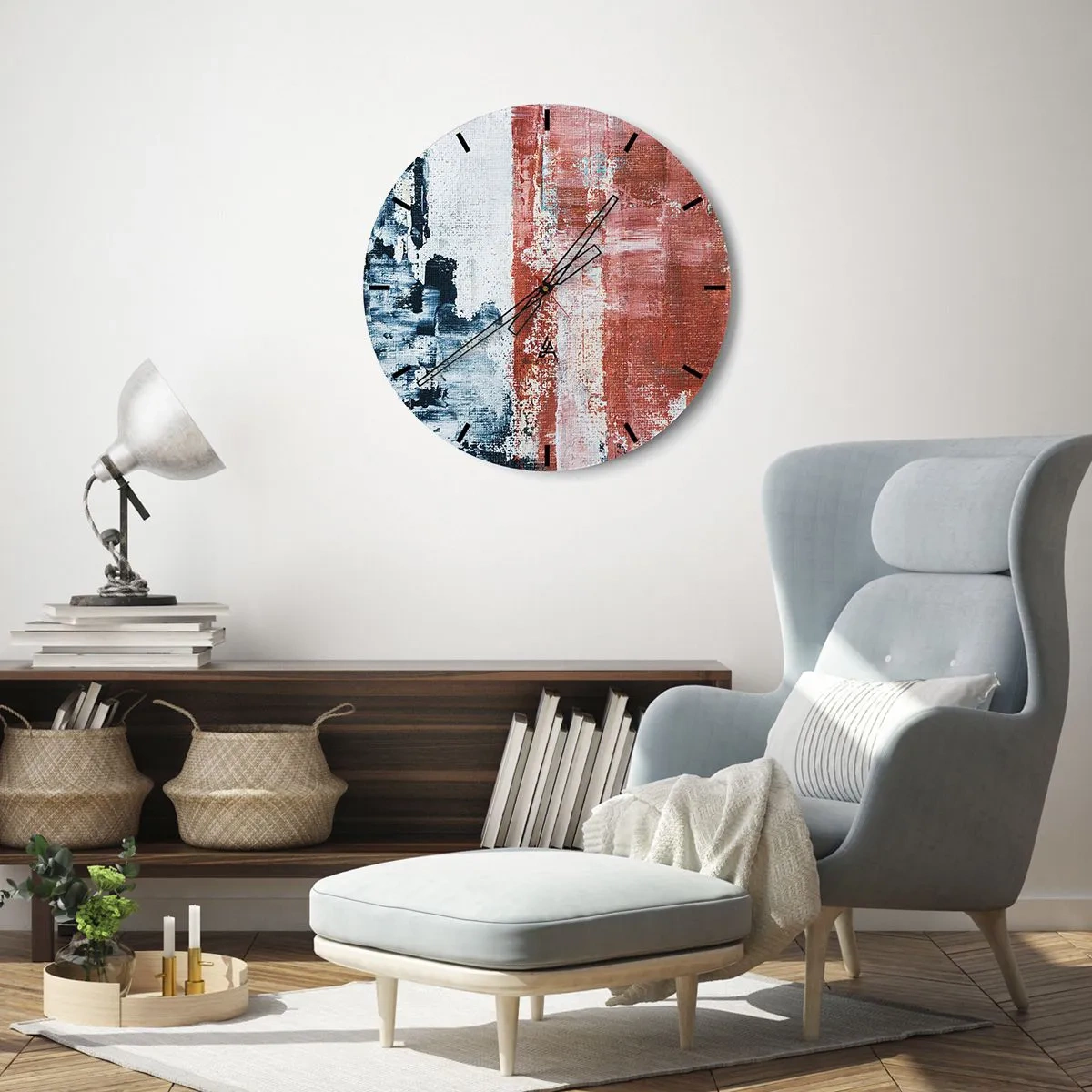 Ceas de perete - Ceas pe sticlă - Compoziție abstractă în nuanțe de albastru și roșu - 30x30cm - Jumi-juma abstract - Decorațiune modernă pentru perete pentru living, bucătărie și dormitor ARTTOR