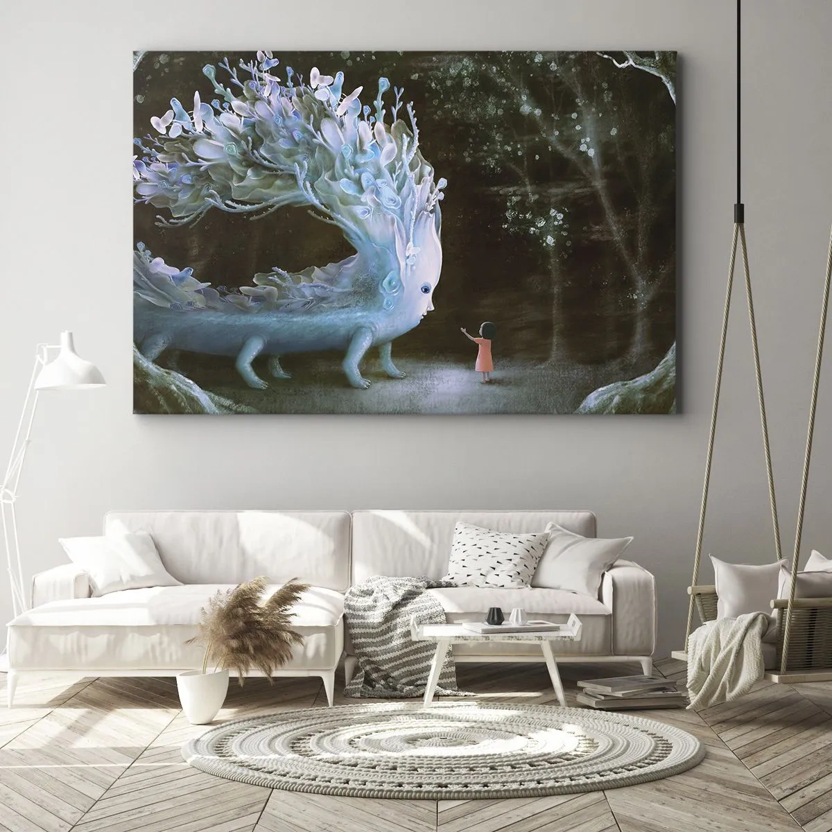 Tablou pe pânză Canvas - Figura unei fete care se confruntă cu o creatură fantastică - 70x50cm - Întâlnire fantastică - Decorațiune modernă pentru perete pentru living și dormitor ARTTOR