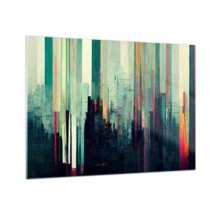 Tablou pe sticlă - Linii verticale colorate formează conturul unei metropole futuriste. - 70x50cm - Oraș futurist - Decorațiune modernă pentru perete pentru living și dormitor ARTTOR