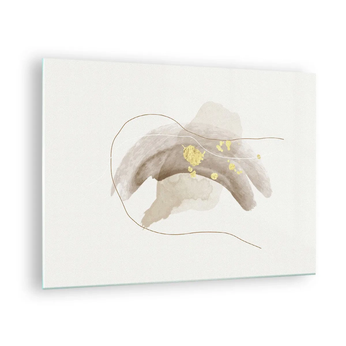 Tablou pe sticlă - Abstracție bej și aurie cu linii și forme delicate - 70x50cm - Întâlnite în spațiu - Decorațiune modernă pentru perete pentru living și dormitor ARTTOR