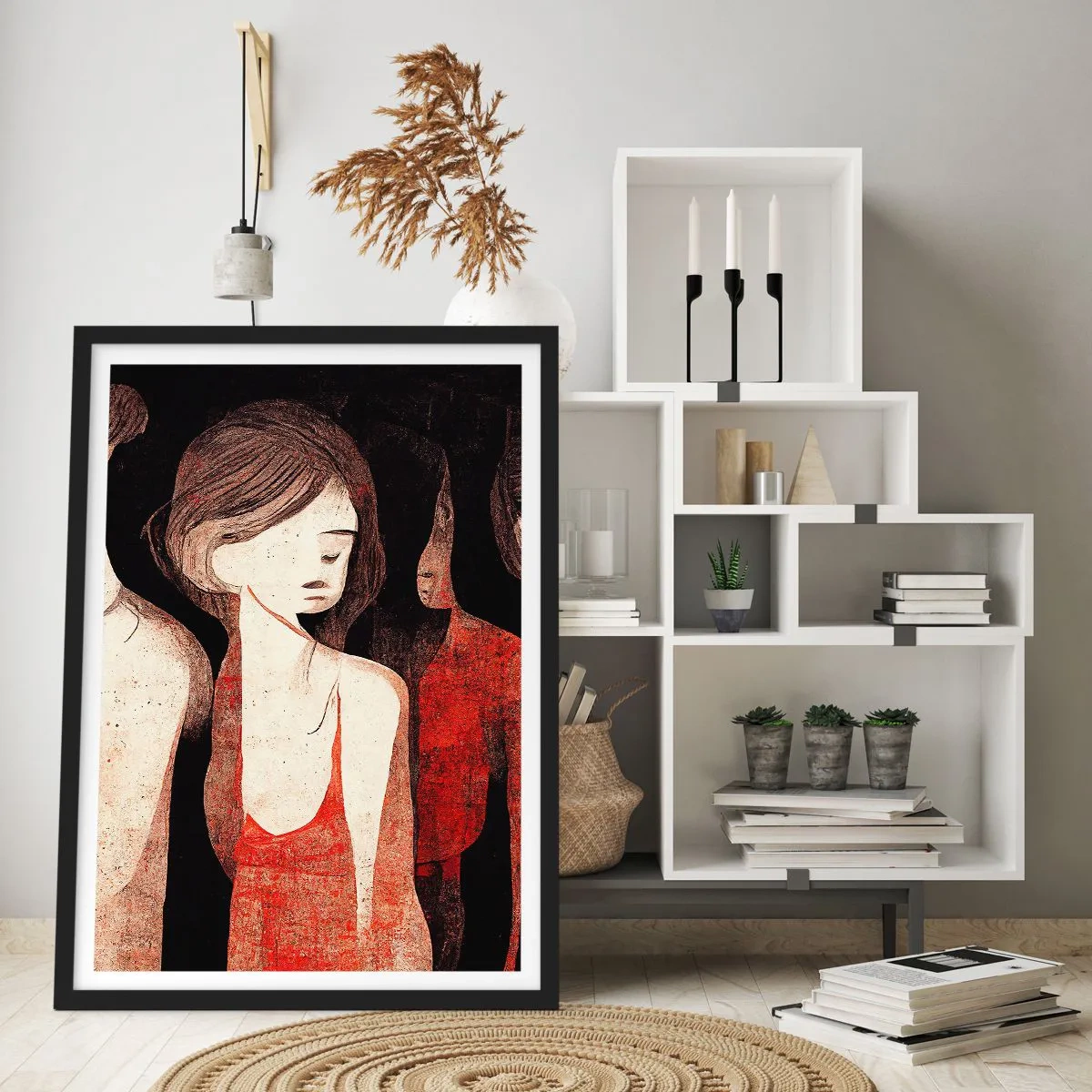 Poster în ramă neagră - Ilustrație abstractă a unei figuri în roșu și negru - 50x70cm - Madonele întunericului - Decorațiune modernă pentru perete pentru living și dormitor ARTTOR