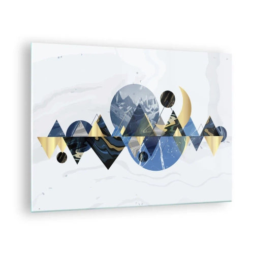 Tablou pe sticlă - Figuri geometrice abstracte în nuanțe de albastru marin și auriu - 70x50cm - Peisaj geometric - Decorațiune modernă pentru perete pentru living și dormitor ARTTOR