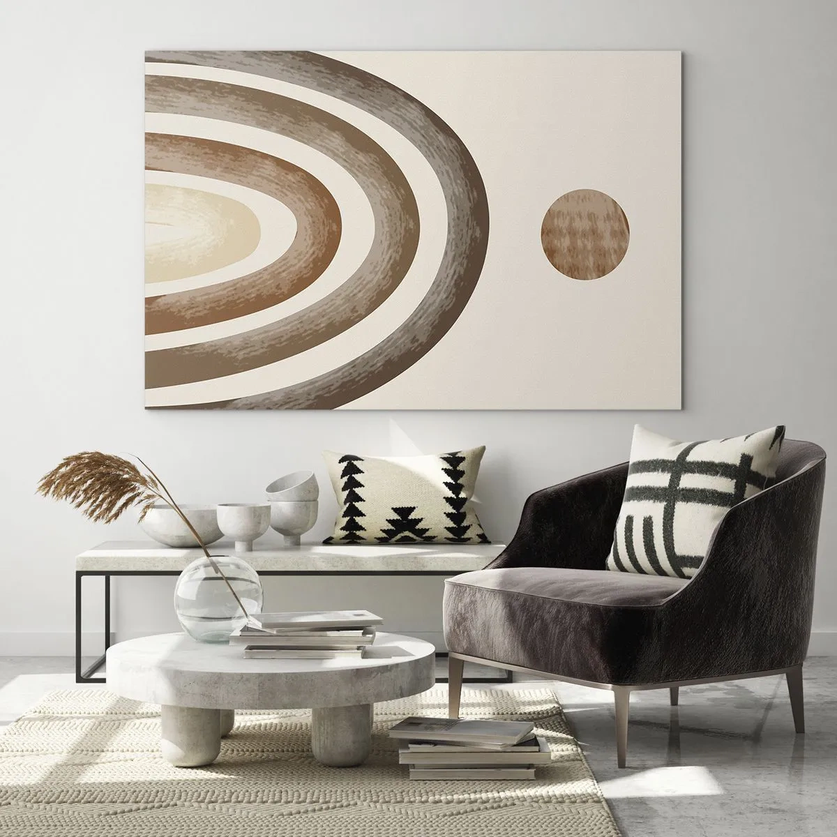 Tablou pe sticlă - Dungi și cercuri abstracte în nuanțe de maro - 70x50cm - Într-o galaxie îndepărtată - Decorațiune modernă pentru perete pentru living și dormitor ARTTOR