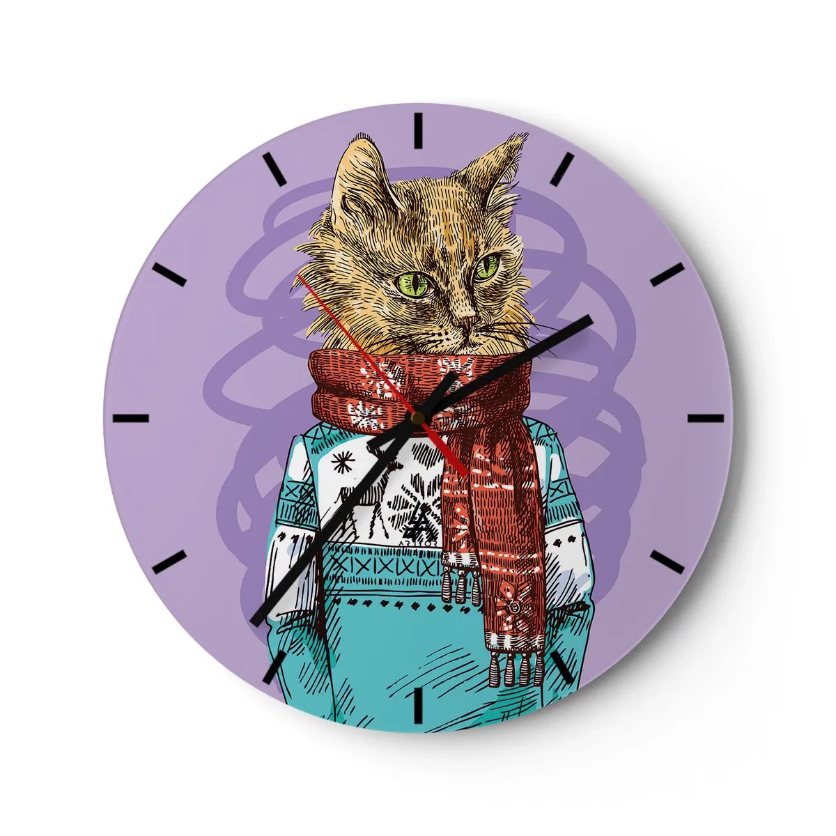 Ceas de perete - Ceas pe sticlă - O pisică într-o ținută de iarnă cu o eșarfă pe un fundal violet - 30x30cm - Motanul nu numai încălțat - Decorațiune modernă pentru perete pentru living, bucătărie și dormitor ARTTOR