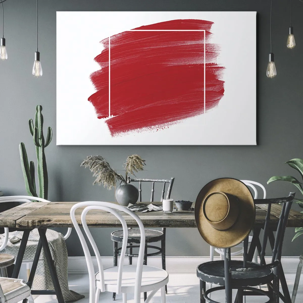Tablou pe pânză Canvas - Tușă de pensulă roșie cu chenar alb - 70x50cm - În afara cadrului - Decorațiune modernă pentru perete pentru living și dormitor ARTTOR