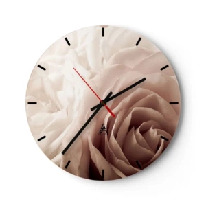 Ceas de perete - Ceas pe sticlă - Un prim-plan al unor petale delicate de trandafir în nuanțe de bej și roz. - 30x30cm - În inima unui trandafir - Decorațiune modernă pentru perete pentru living, bucătărie și dormitor ARTTOR