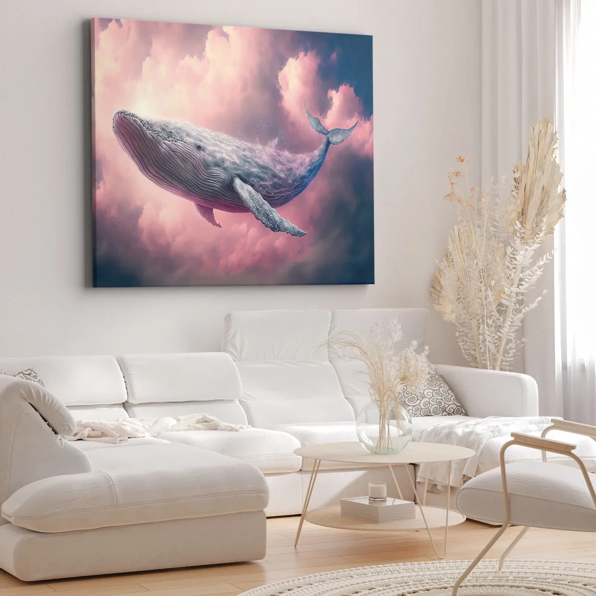 Tablou pe pânză Canvas - O balenă plutind printre nori la apus - 70x50cm - Șterge-ți ochii - Decorațiune modernă pentru perete pentru living și dormitor ARTTOR