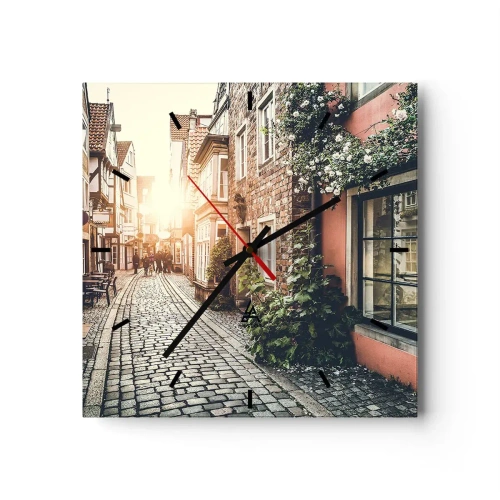 Ceas de perete - Ceas pe sticlă - Străduță în splendoare roz - 30x30 cm