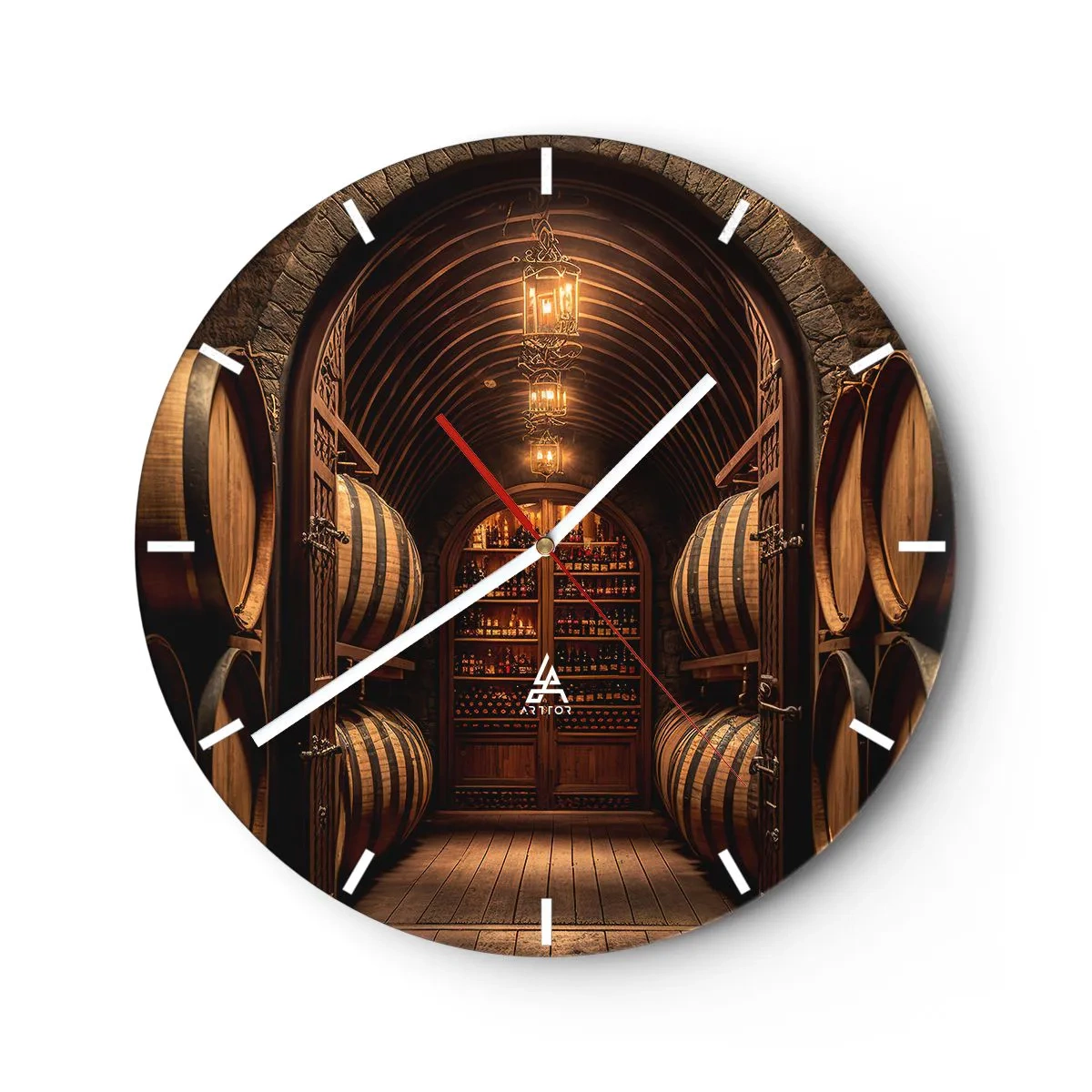 Ceas de perete - Ceas pe sticlă - Butoaie de lemn într-o pivniță de vinuri luminată - 30x30cm - Beciul cu atmosferă - Decorațiune modernă pentru perete pentru living, bucătărie și dormitor ARTTOR