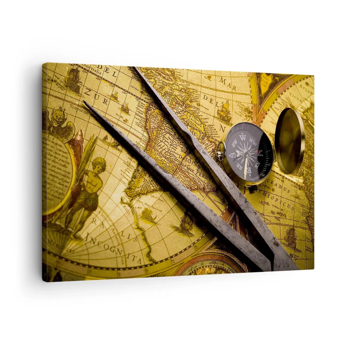 Tablou pe pânză Canvas - O hartă antică a lumii cu o busolă și o pereche de busole pe fundal - 70x50cm - Unde sunt aceste comori? - Decorațiune modernă pentru perete pentru living și dormitor ARTTOR