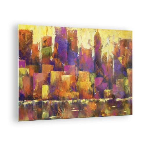 Tablou pe sticlă - O metropolă abstractă în culori calde cu accente de violet. - 70x50cm - Compoziția metropolitană - Decorațiune modernă pentru perete pentru living și dormitor ARTTOR