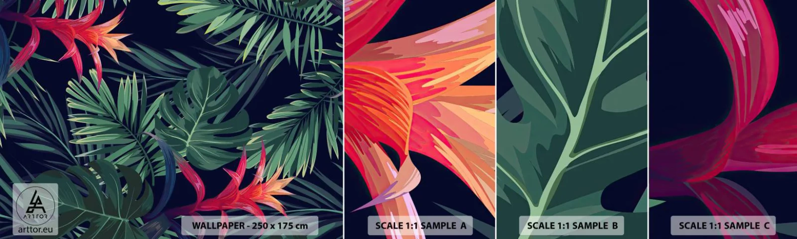 Mostră de Tapet Standard Eco - Flacăra verde - Flori, Planta tropicala, Frunze de palmier - 100x30 cm