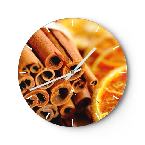 Ceas de perete - Ceas pe sticlă - Bețișoare de scorțișoară și portocale uscate în tonuri calde - 30x30cm - Poți să le simți aroma? - Decorațiune modernă pentru perete pentru living, bucătărie și dormitor ARTTOR
