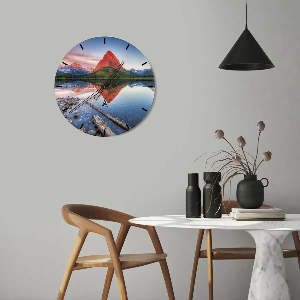 Ceas de perete - Ceas pe sticlă - Peisaj montan cu reflexie în lac - 30x30cm - Căldură și frig - Decorațiune modernă pentru perete pentru living, bucătărie și dormitor ARTTOR