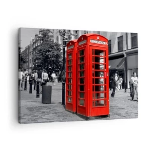 Tablou pe pânză Canvas - Cabine telefonice roșii pe un fundal urban alb-negru. - 70x50cm - Cabine telefonice roșii - Decorațiune modernă pentru perete pentru living și dormitor ARTTOR