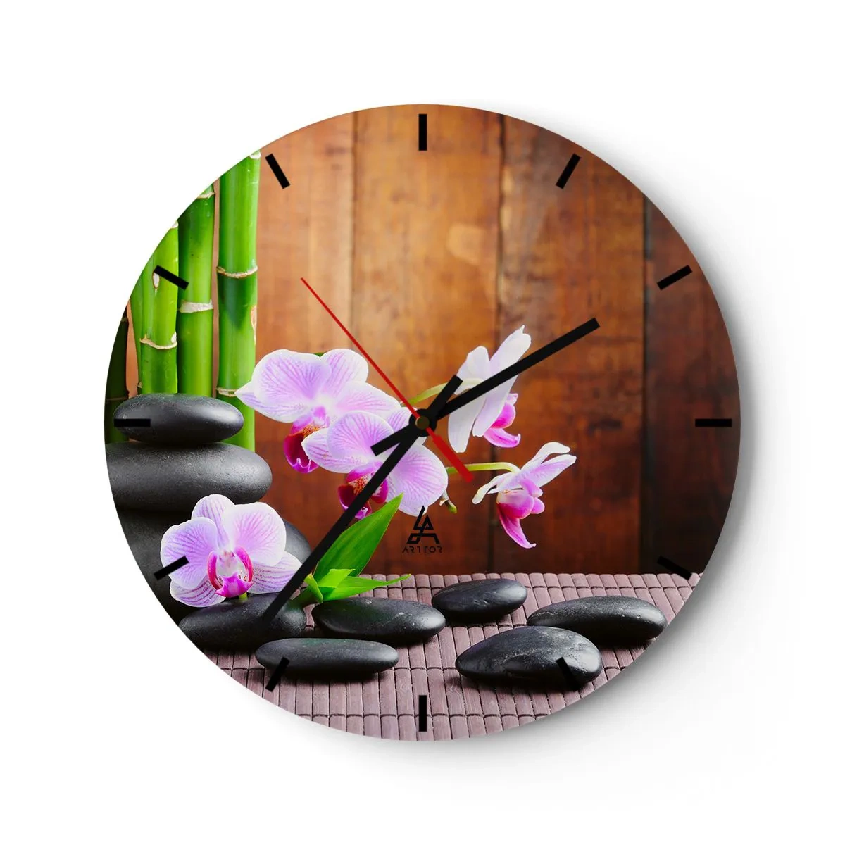 Ceas de perete - Ceas pe sticlă - Orhidee violete cu bambus și pietre - 30x30cm - Experimentați deliciile Orientului - Decorațiune modernă pentru perete pentru living, bucătărie și dormitor ARTTOR