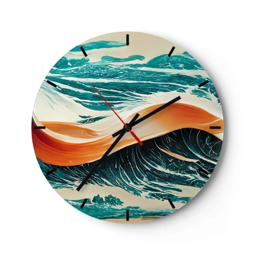 Ceas de perete - Ceas pe sticlă - Valuri ale mării cu o panglică portocalie într-o compoziție dinamică - 30x30cm - Visul unui surfer - Decorațiune modernă pentru perete pentru living, bucătărie și dormitor ARTTOR